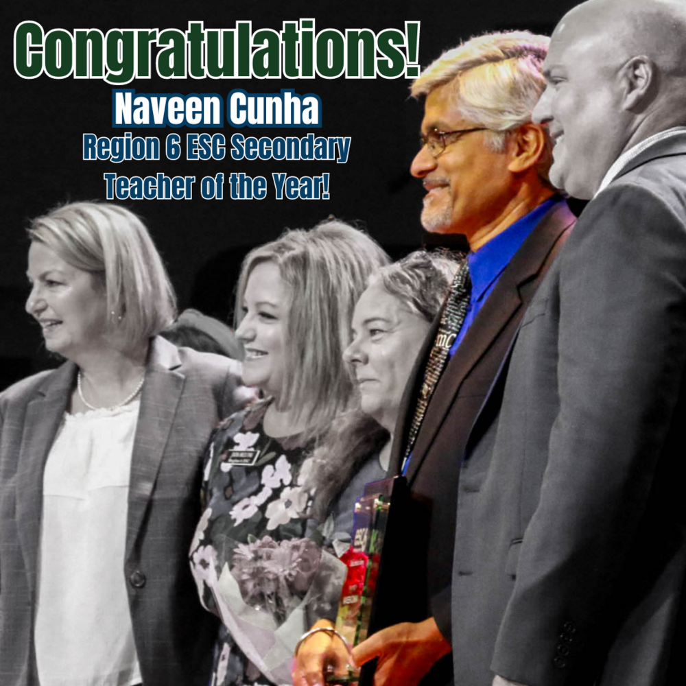 Naveen Cunha receives the award for Region 6 ESC Secondary Teacher of the Year with Region 6 reps, Elizabeth Cunha, and Ginger Carrabine 