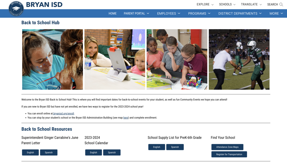 Screen grab of Bryan ISD's Back to School Hub