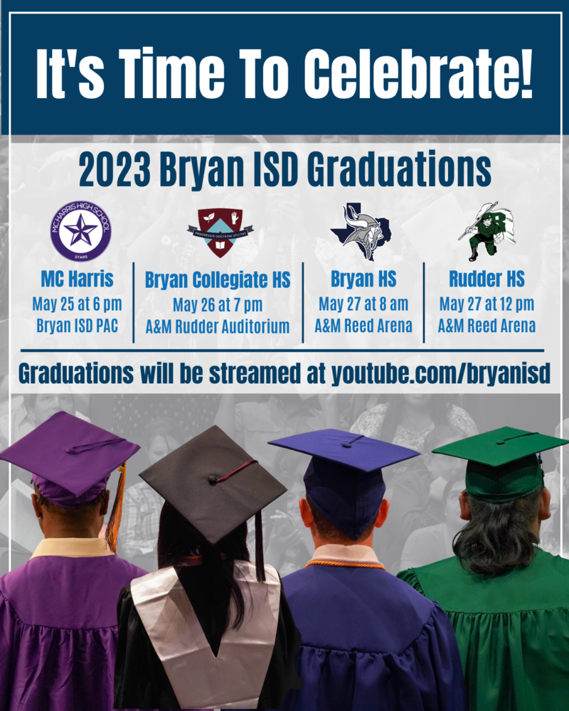Graduation graphic with Graduation 2023 information four graduates representing four high schools facing away from the viewer